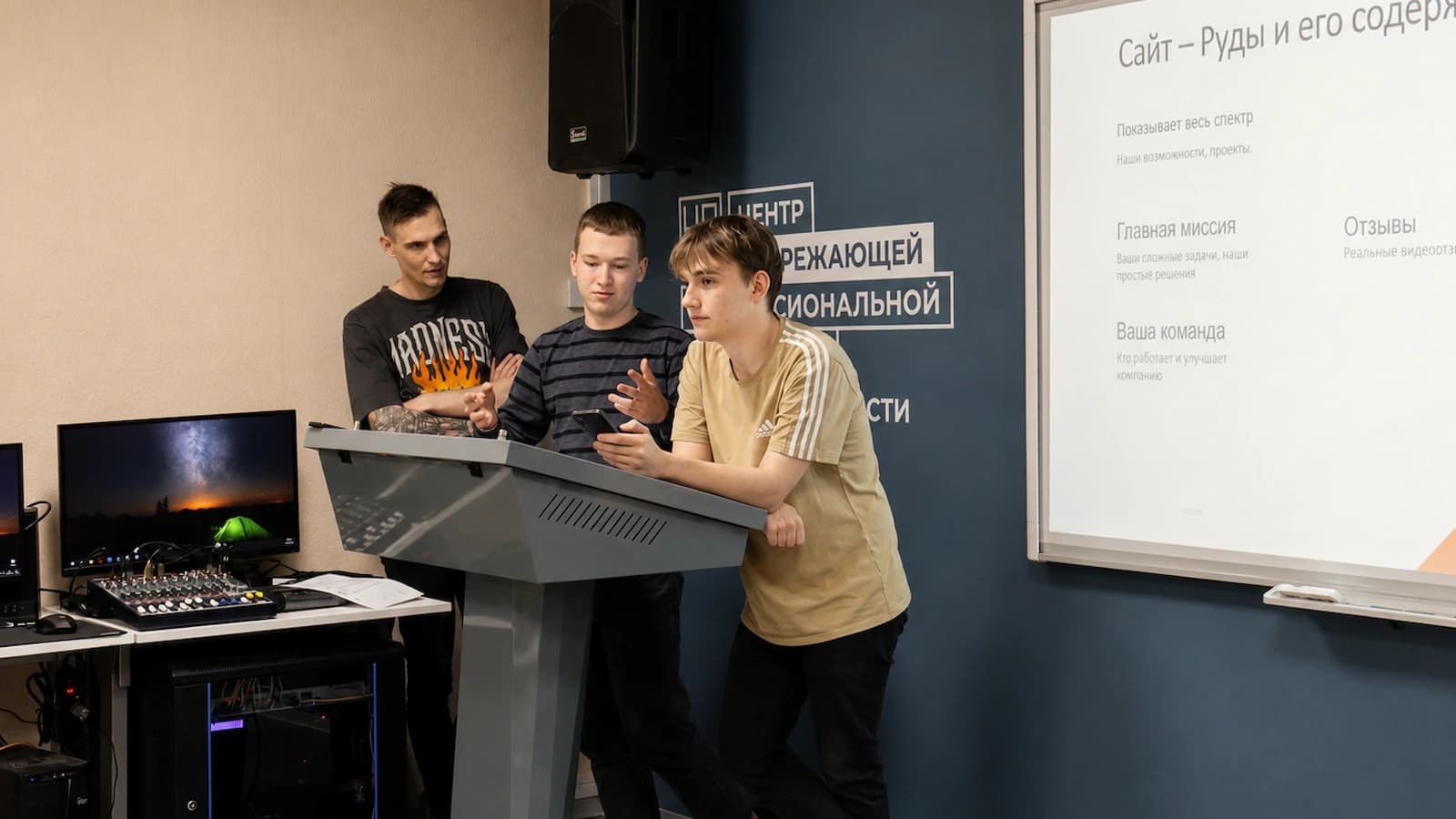 Публичная защита проекта на хакатоне «ПостройРуду» у экрана с презентацией